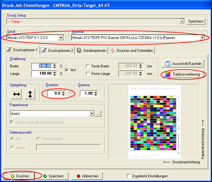 Pjannto RIP Print Druck-Job-Dialog zur ICC-Profilierung