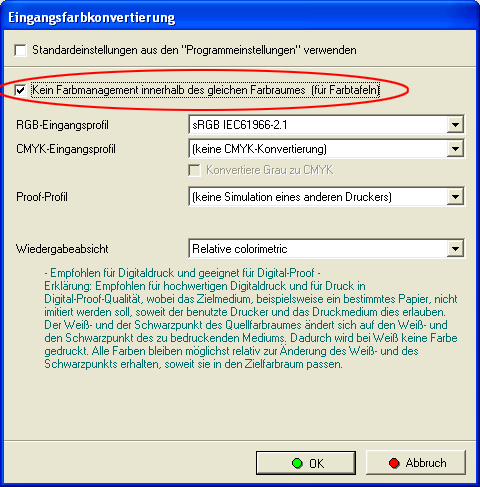 Pjannto RIP Print Druck-Job-Dialog Farbkonvertierung Kein-Farbmanagement