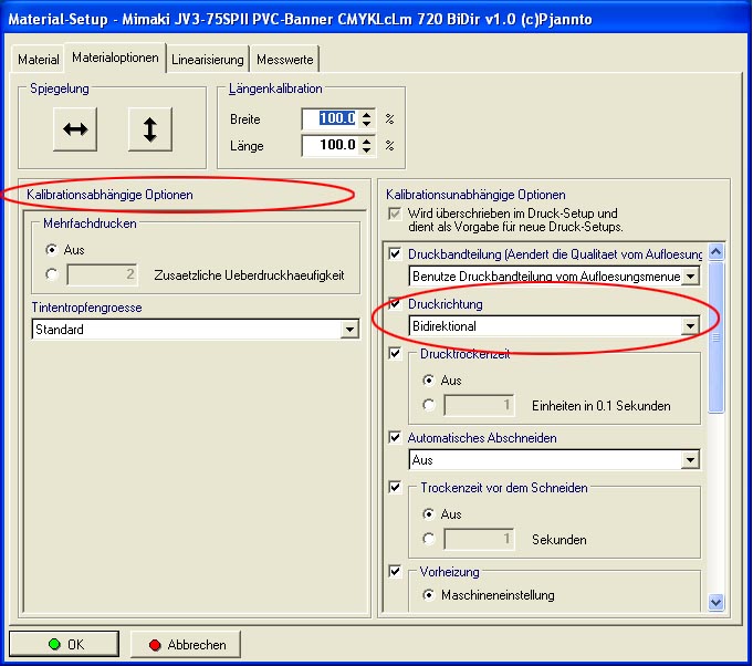 Pjannto RIP Print Material-Setup Materialoptionen-Reiter