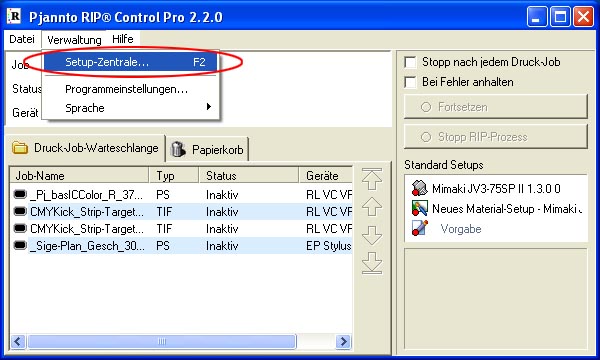 Pjannto RIP Print Control Verwaltung-Menü